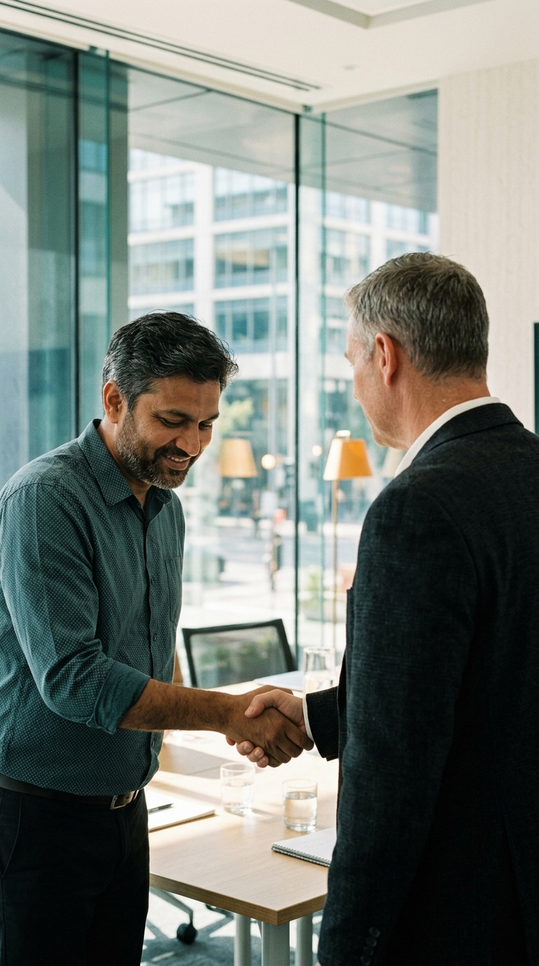 two professionals shaking hands in a bright meeting room