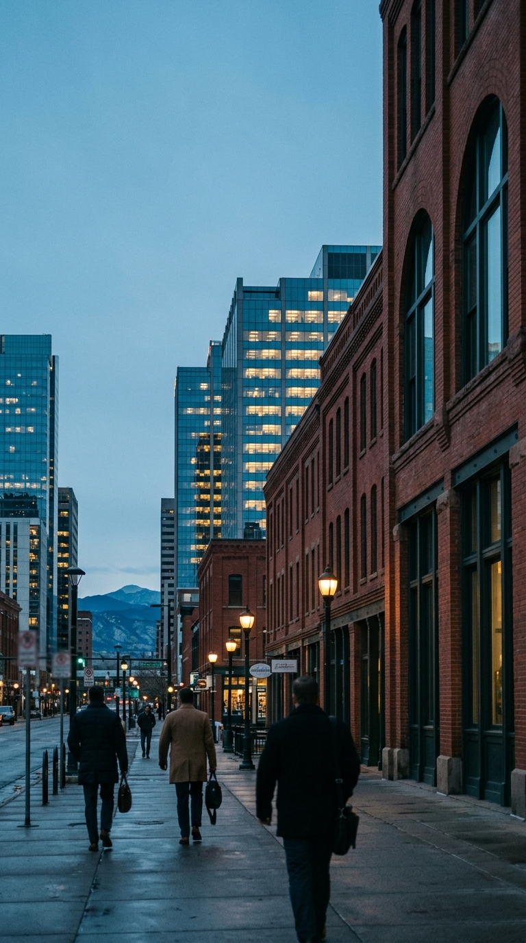 people crossing a brick-and-glass downtown street at blue hour