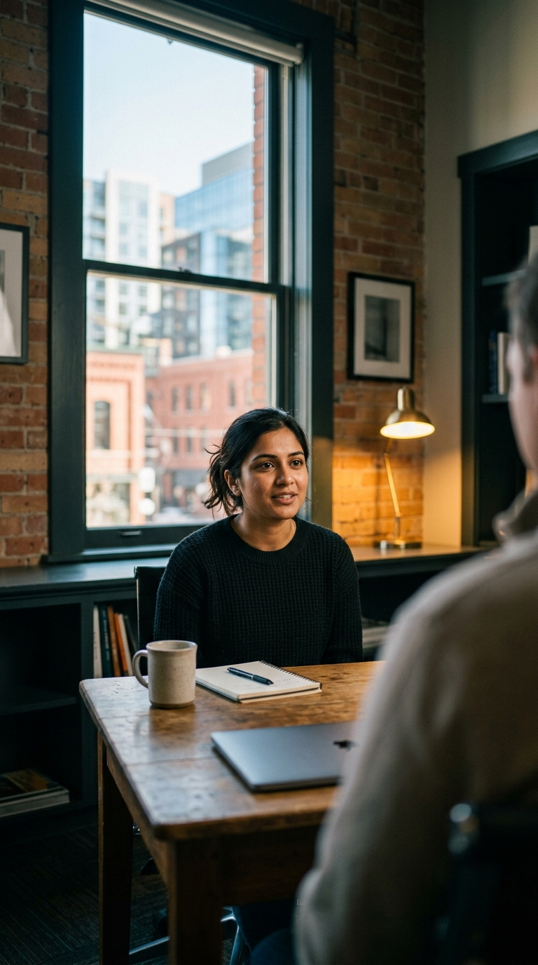 a candidate listening across a table during an interview