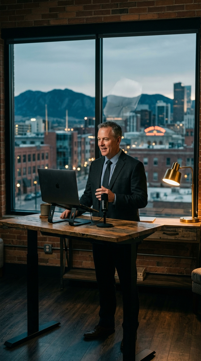 a business executive on a video call at a standing desk at dusk