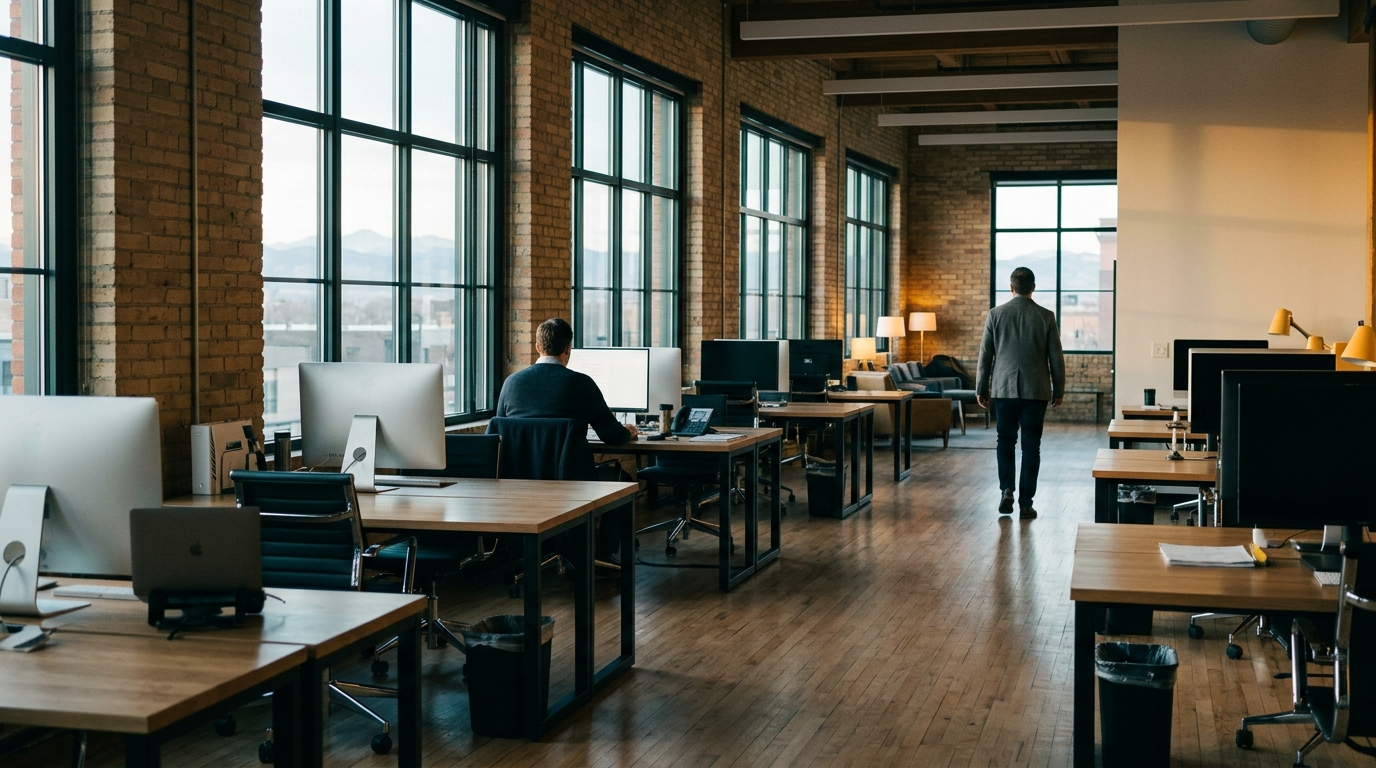 a calm open-plan office with tall windows looking out to the mountains