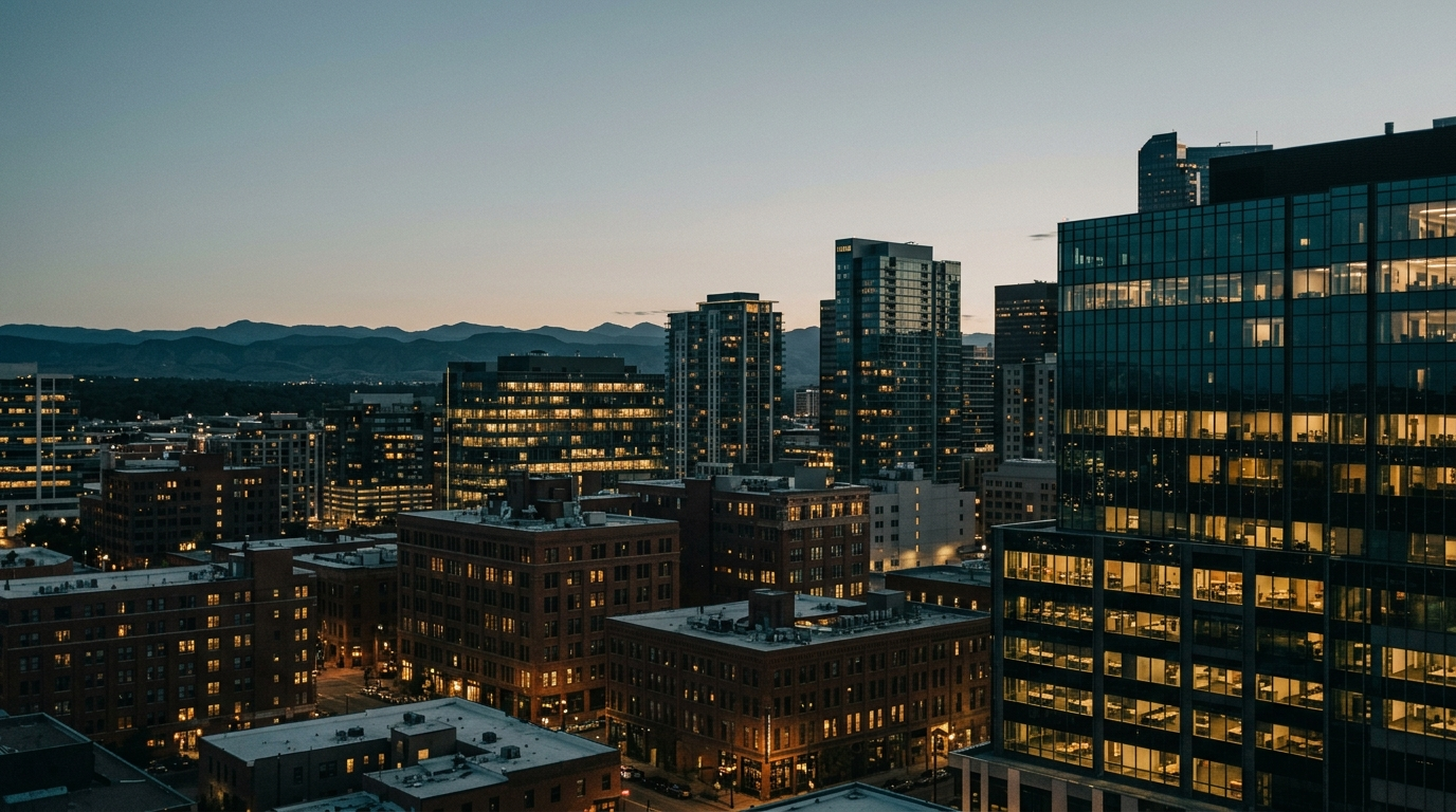 downtown glass office towers at dusk with mountains on the horizon