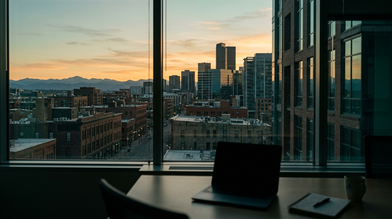 mountain foothills at first light seen from an office window