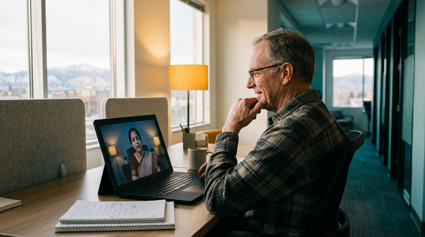 a hiring manager on a video call with an engineering lead in another country