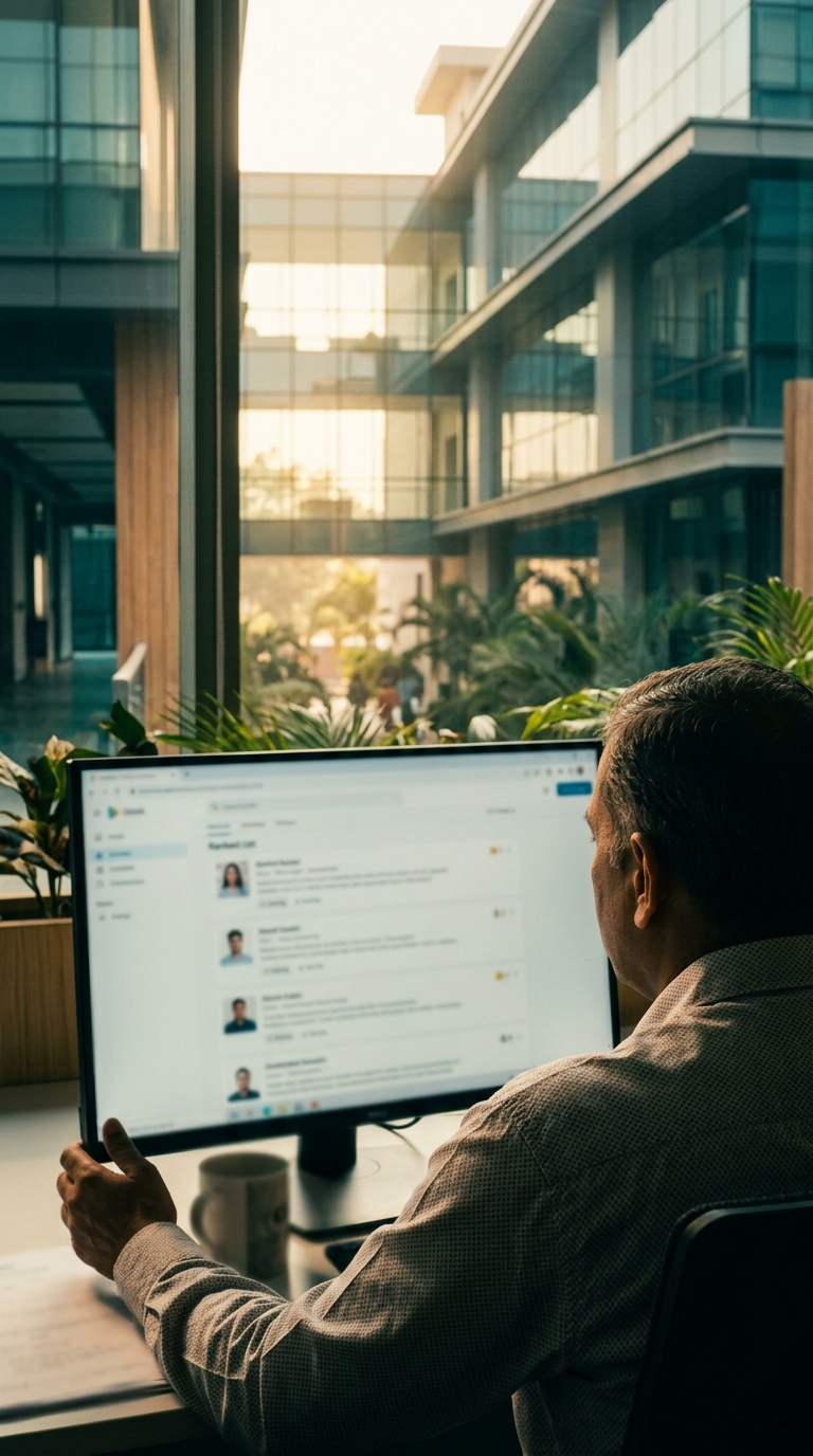 over-the-shoulder view of a reviewer reading a candidate profile on a laptop