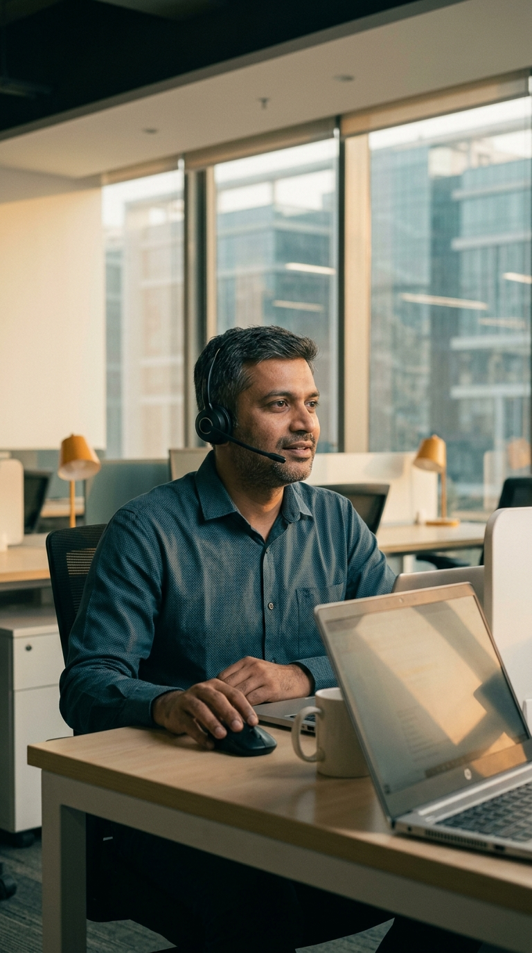 an interviewer wearing a headset on a video call