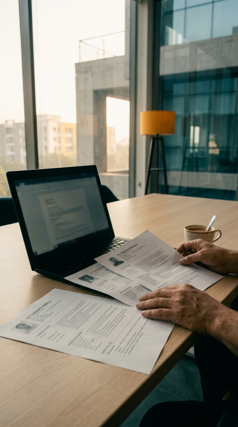 printed candidate profiles beside a laptop