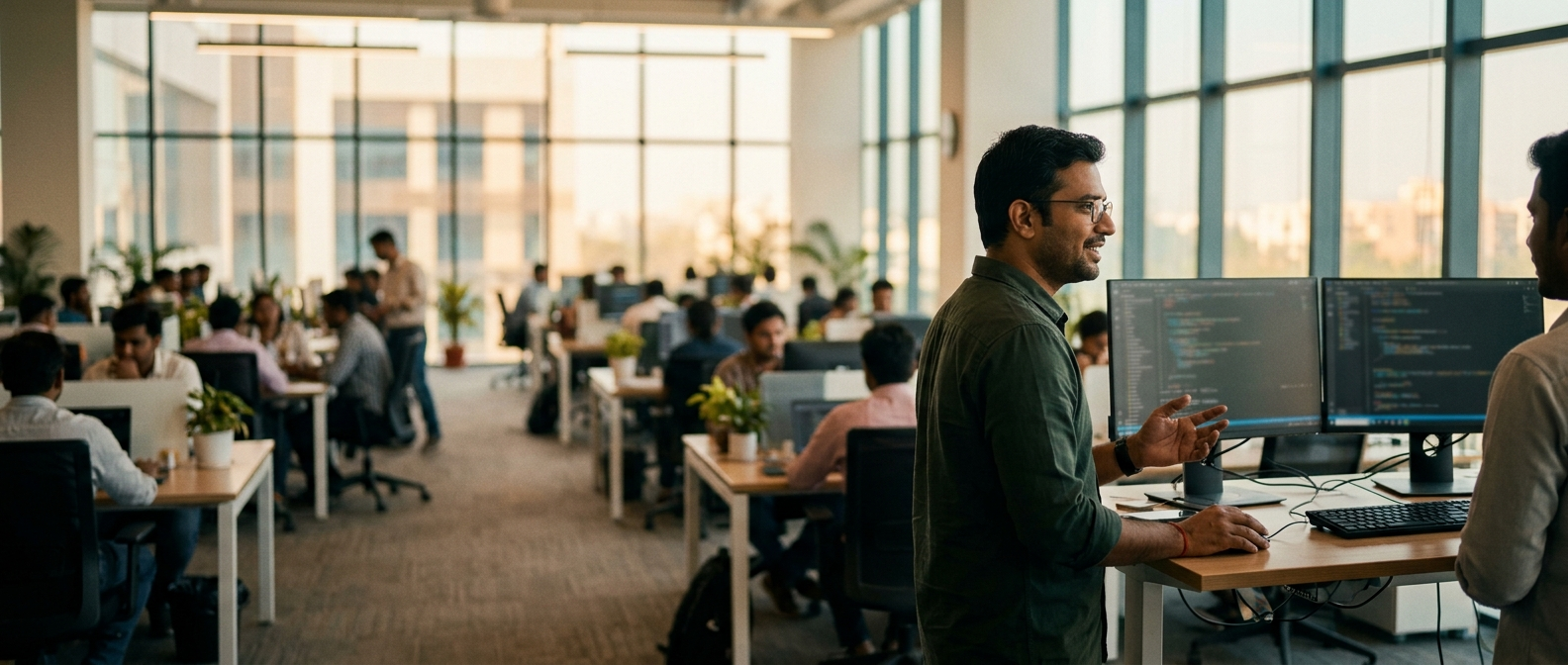 an engineer at a standing desk in a bright open-plan office