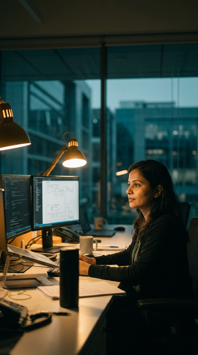 an engineer working at two monitors in the evening