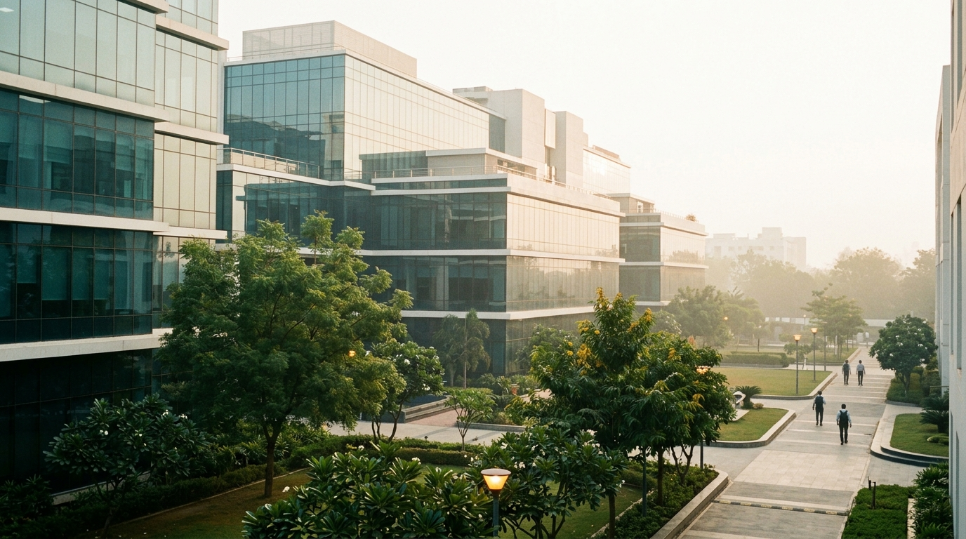 a modern IT-park building with a landscaped courtyard in the morning