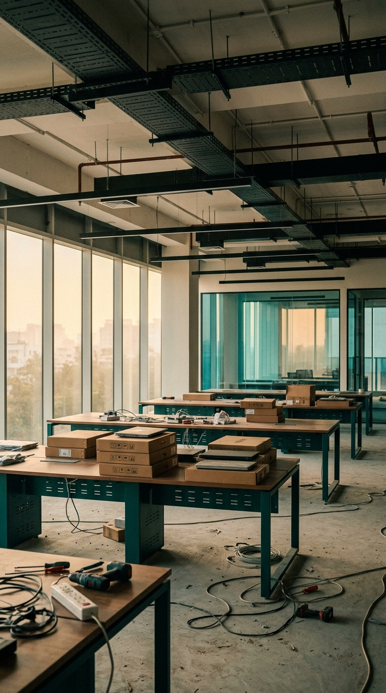 an office floor mid fit-out with desks being assembled