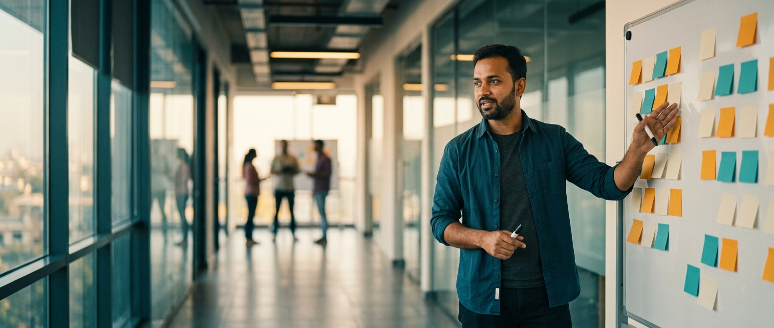 an engineering lead running a morning stand-up at a whiteboard