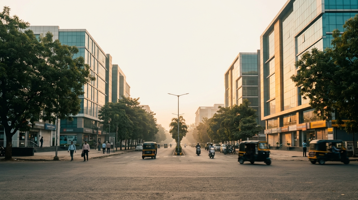 a commercial street with glass office blocks in the early morning