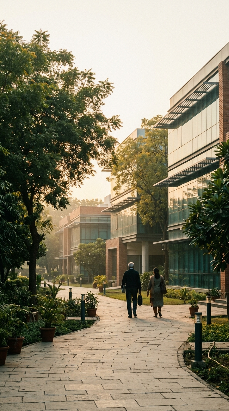 a tech-park campus among trees in the morning