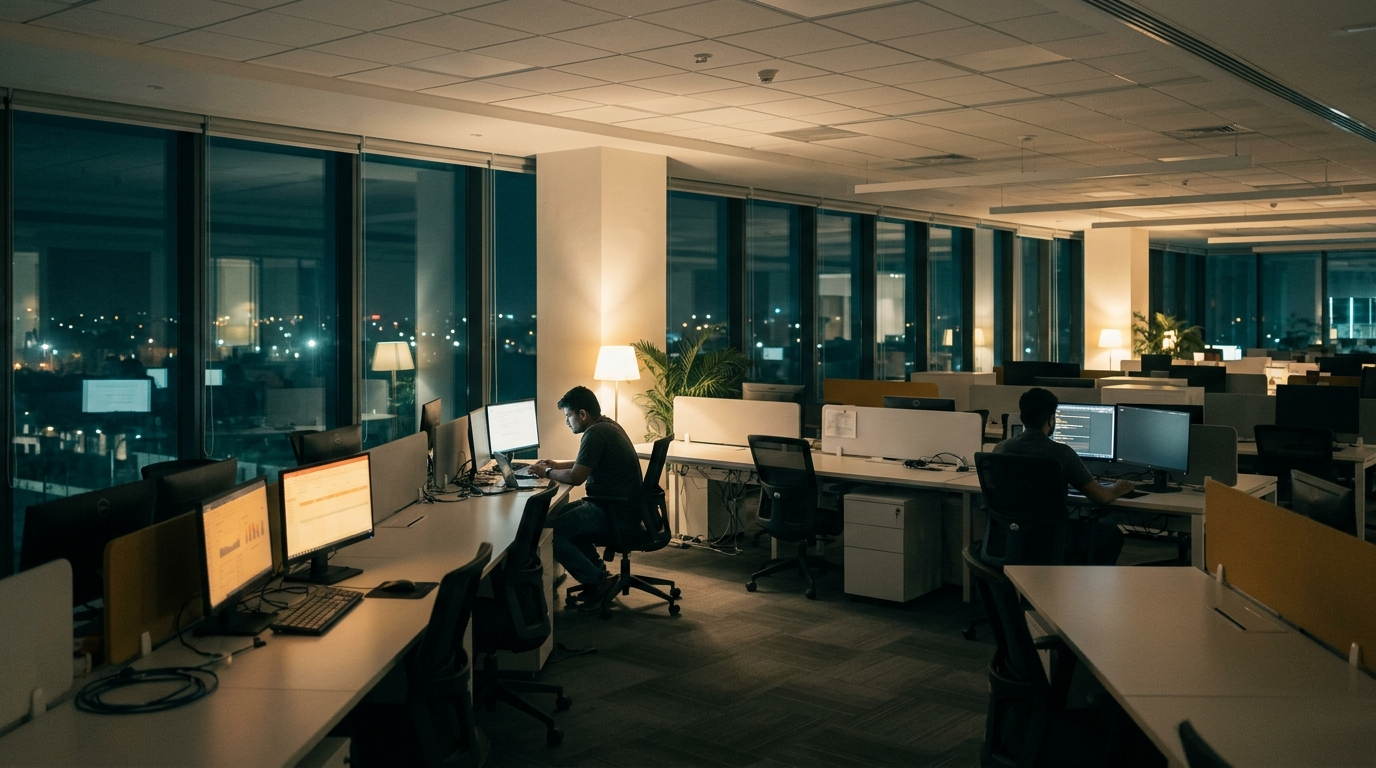 an operations floor at night with a few monitors lit