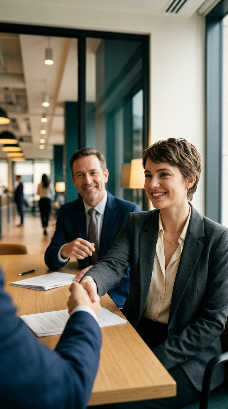 a hiring manager and a new hire shaking hands across a table