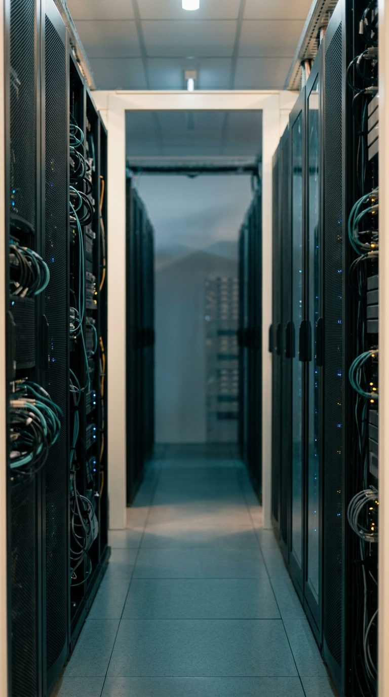 a server aisle lined with racks and small teal status lights