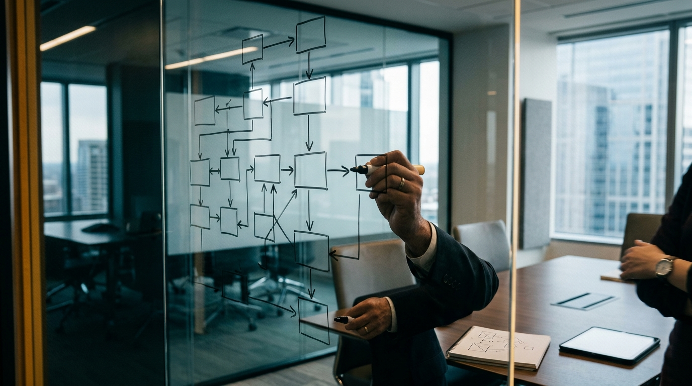 a hand drawing a program structure on a glass whiteboard