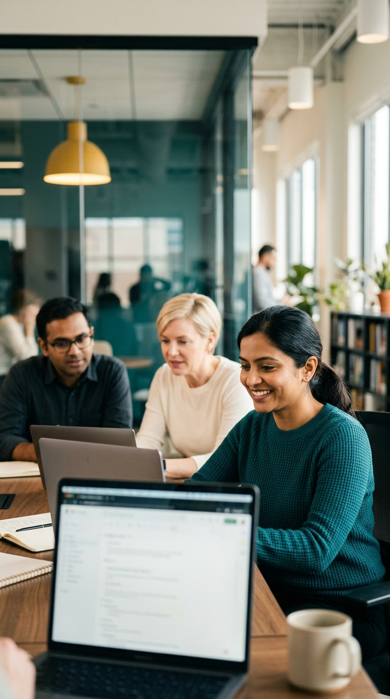 three colleagues gathered around a laptop in a casual meeting