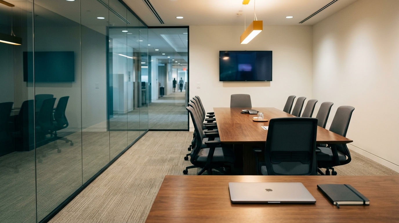 an empty meeting room set for a meeting